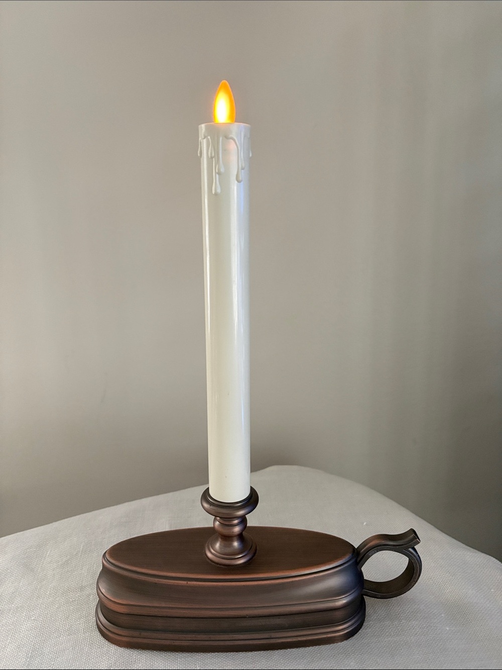 Luminara Flameless Window Taper Candle 12" Moving Flame Bronze Tone Base